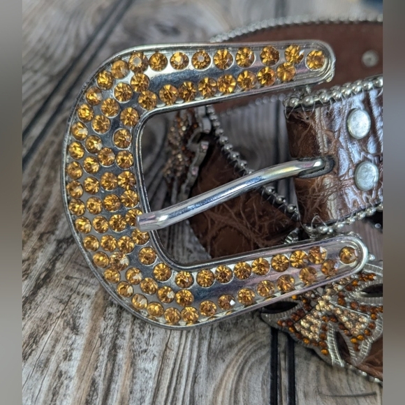 Moc-crocodile Leather Belt Amber Crystals And Crosses Excellent Condition - Picture 3 of 14